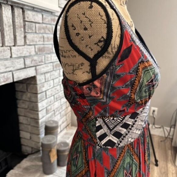 Angie Abstract Tank Bohemian Boho Maxi Sun Dress Black Red Medium Southwestern - Picture 7 of 11